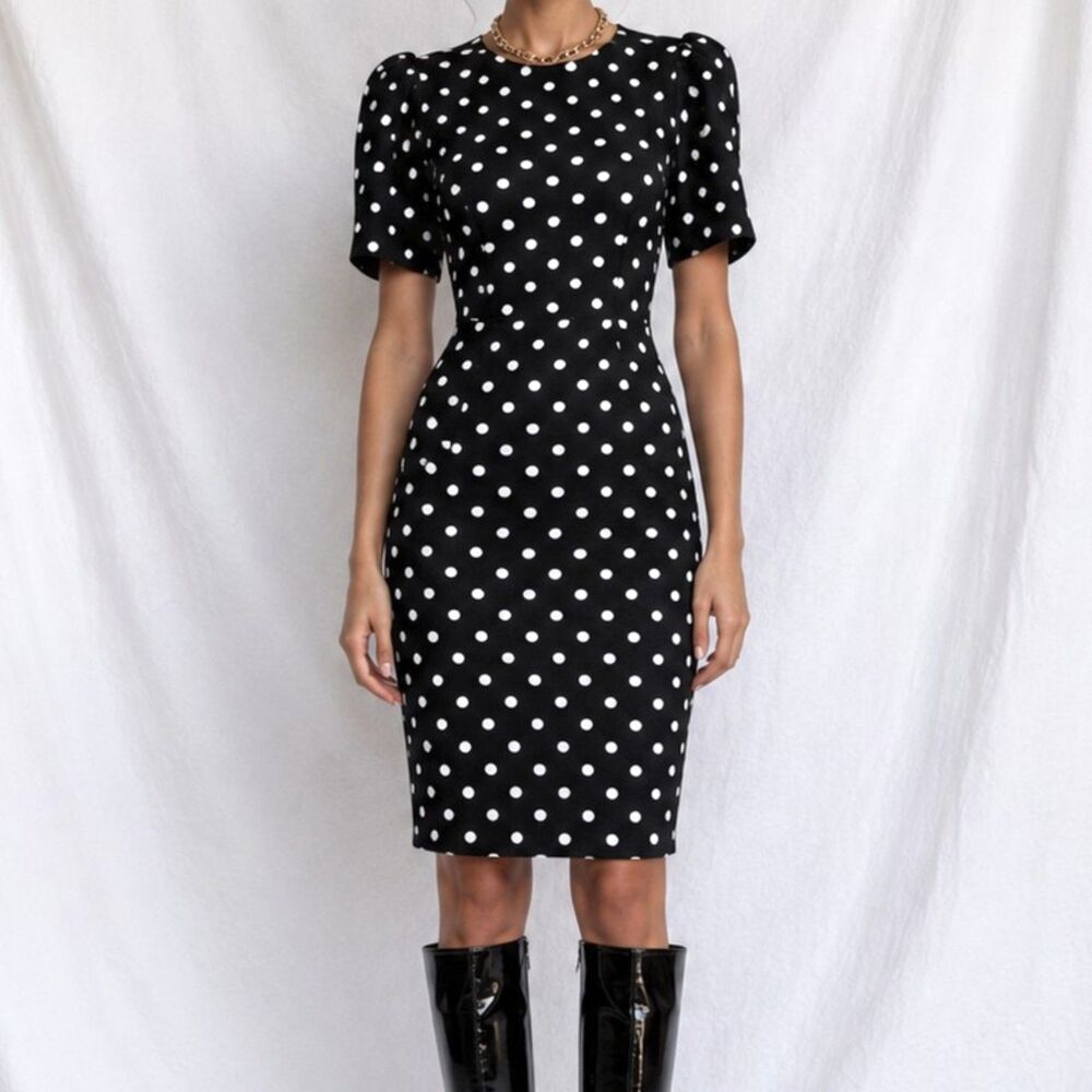 Vintage Y2K Calvin Klein Black Polka Dot Bodycon Short Sleeve Cocktail Dress M